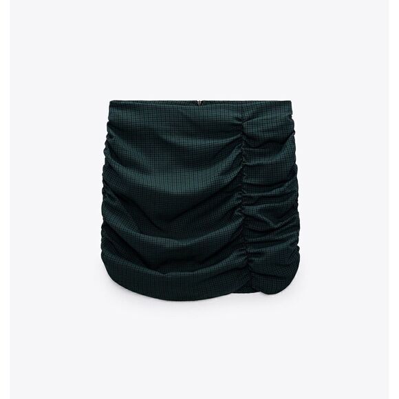 NWT Zara Green & Black Plaid Printed Draped Ruched Mini Skirt, Size Small - Picture 4 of 11